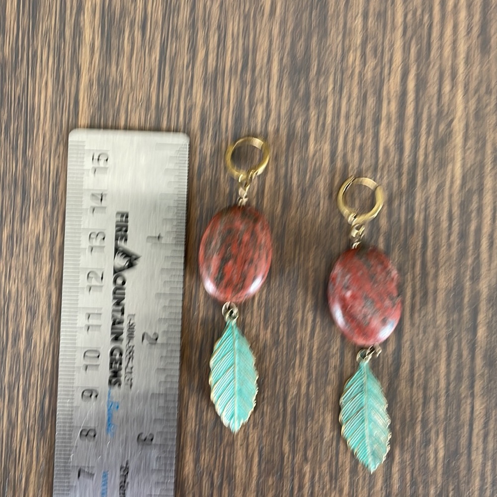 HAND CRAFTED EARRINGS Boho Brown Zoisite Ovals Mint Green Patina Brass Leaves - Picture 5 of 12